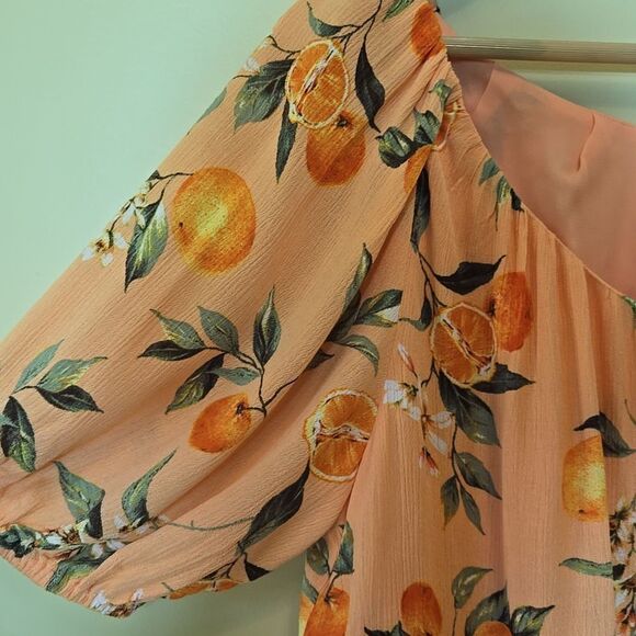 Loft Orange Harvest Sweetheart Neck Blouse Size Small Oversized Fruit Print 2023 - Picture 6 of 16
